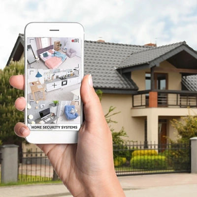 Buffalo vivint phone display of cctv live feed in front of a house